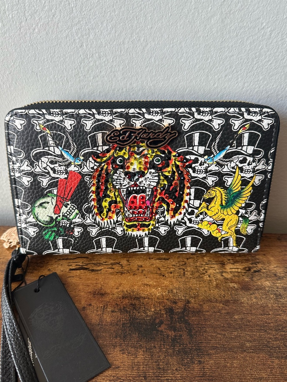 Ed Hardy Black Dual Compartment Zip-Around Wallet Wristlet Rhinestone Tiger NWT